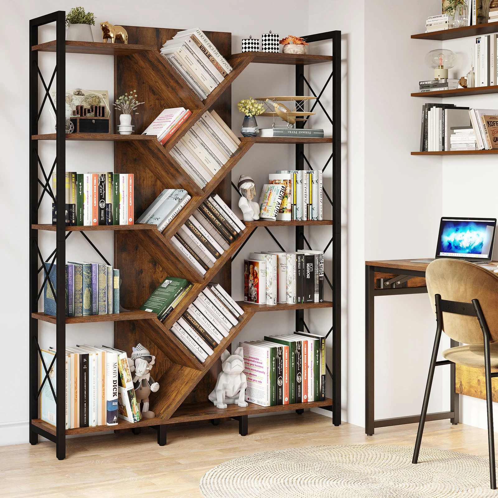 10 71" Tall Tree Bookcase Etagere Bookshelf Open Storage Display Rack Rustic Brown - Image 1